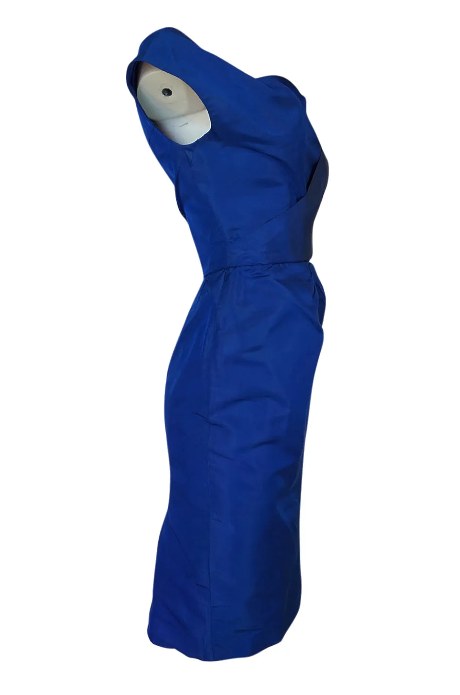 1950s Ceil Chapman Slight Off Shoulder Fitted Blue Silk Dress