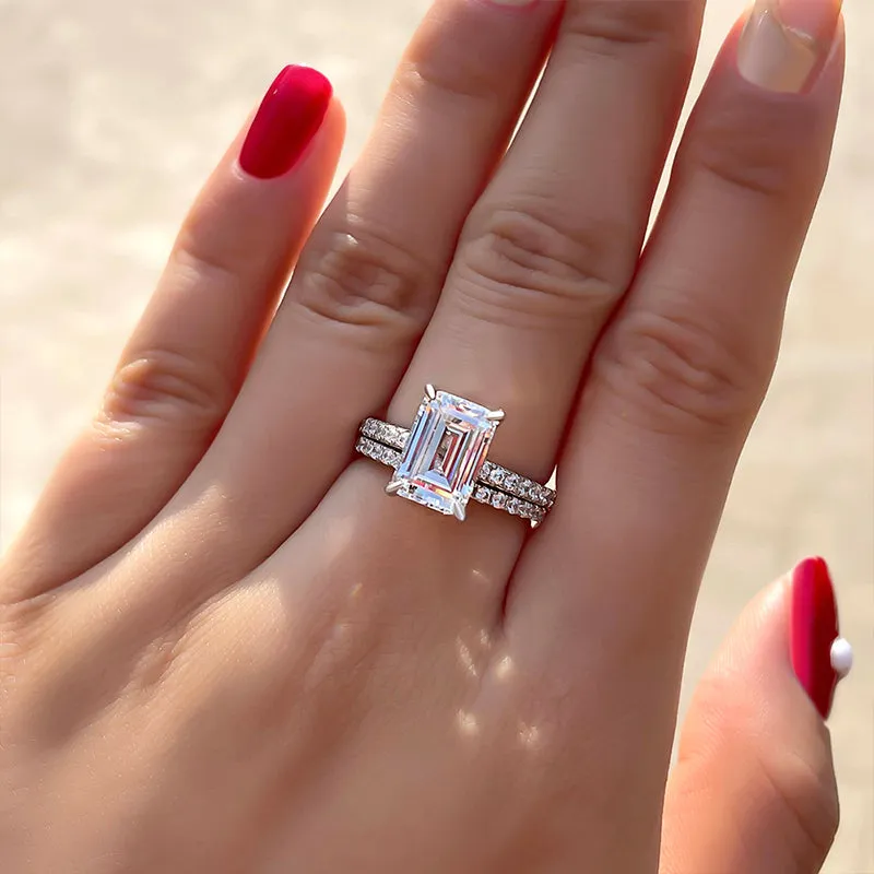 2pcs Solitaire Emerald Cut Bridal Ring Set in Sterling Silver