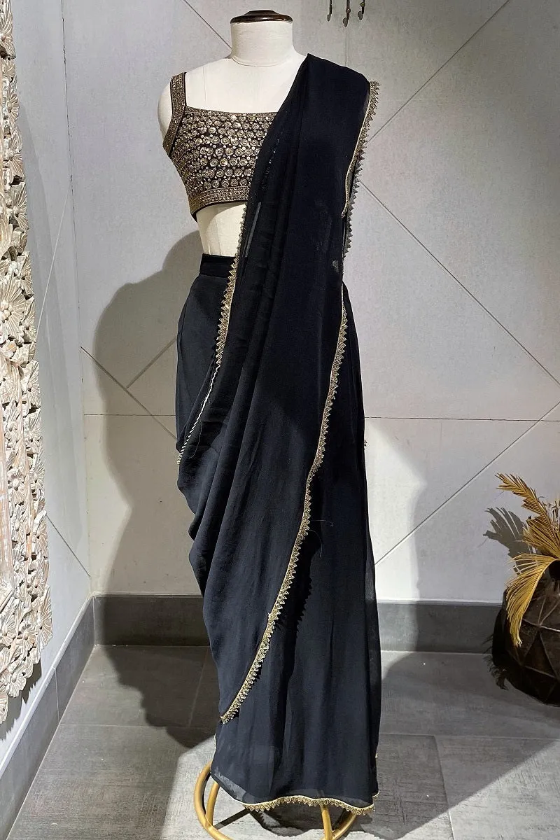 91A282-Black Embroidered Georgette Saree with Blouse