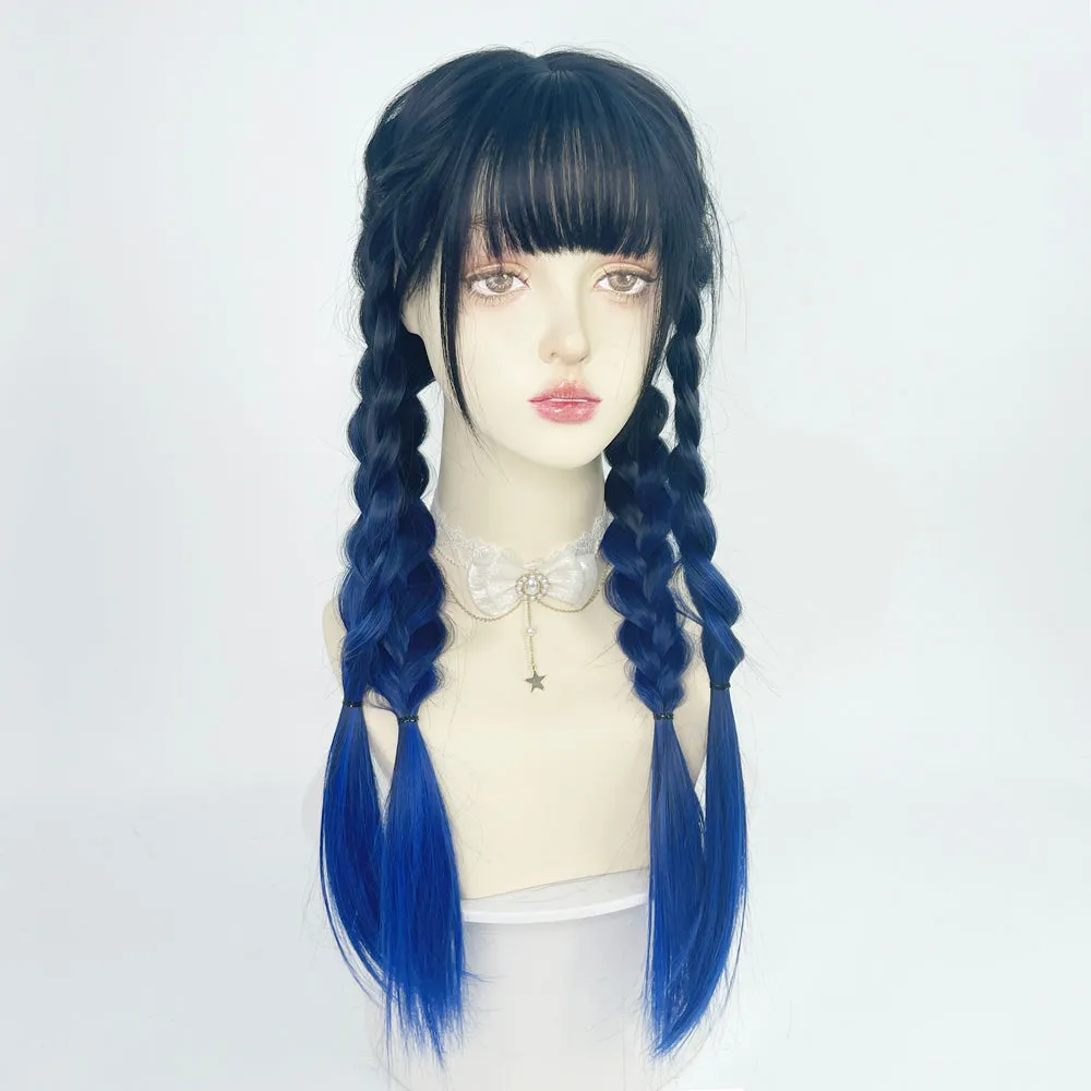 Black and blue gradient long straight hair KF828791