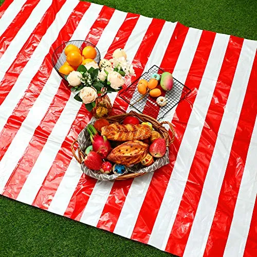 Blulu 2 Packs Red and White Striped Table Cover Tablecloths, with 20 Pieces Balloons and 10m White Ribbon