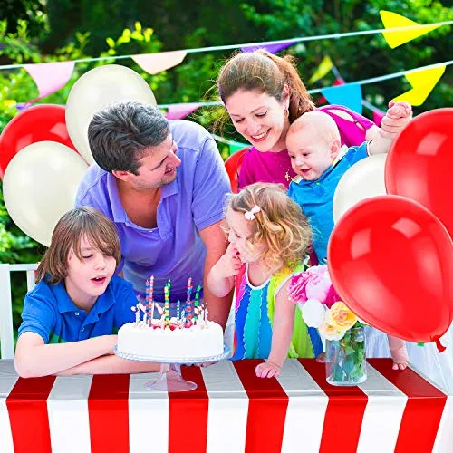 Blulu 2 Packs Red and White Striped Table Cover Tablecloths, with 20 Pieces Balloons and 10m White Ribbon