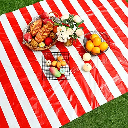 Blulu 2 Packs Red and White Striped Table Cover Tablecloths, with 20 Pieces Balloons and 10m White Ribbon