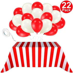 Blulu 2 Packs Red and White Striped Table Cover Tablecloths, with 20 Pieces Balloons and 10m White Ribbon