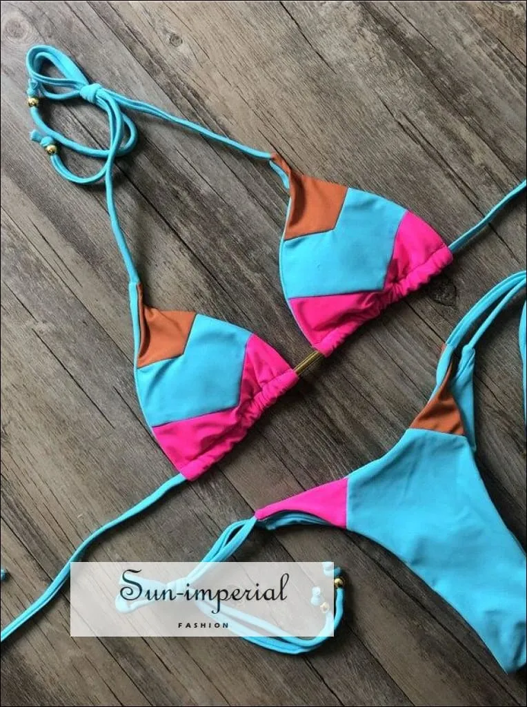 Color Block Hot Pink Blue Brown Bikini Set Women’s Swimming Suit Halter Drawstring Bathing Suit