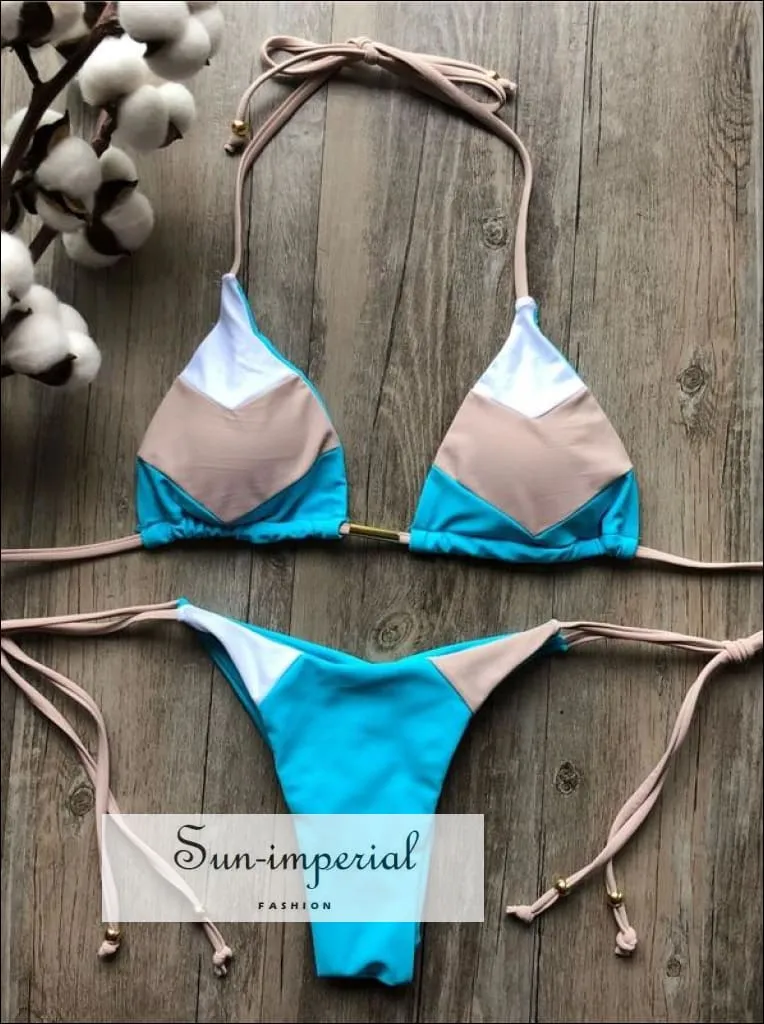 Color Block Hot Pink Blue Brown Bikini Set Women’s Swimming Suit Halter Drawstring Bathing Suit