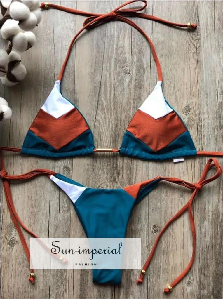 Color Block Hot Pink Blue Brown Bikini Set Women’s Swimming Suit Halter Drawstring Bathing Suit