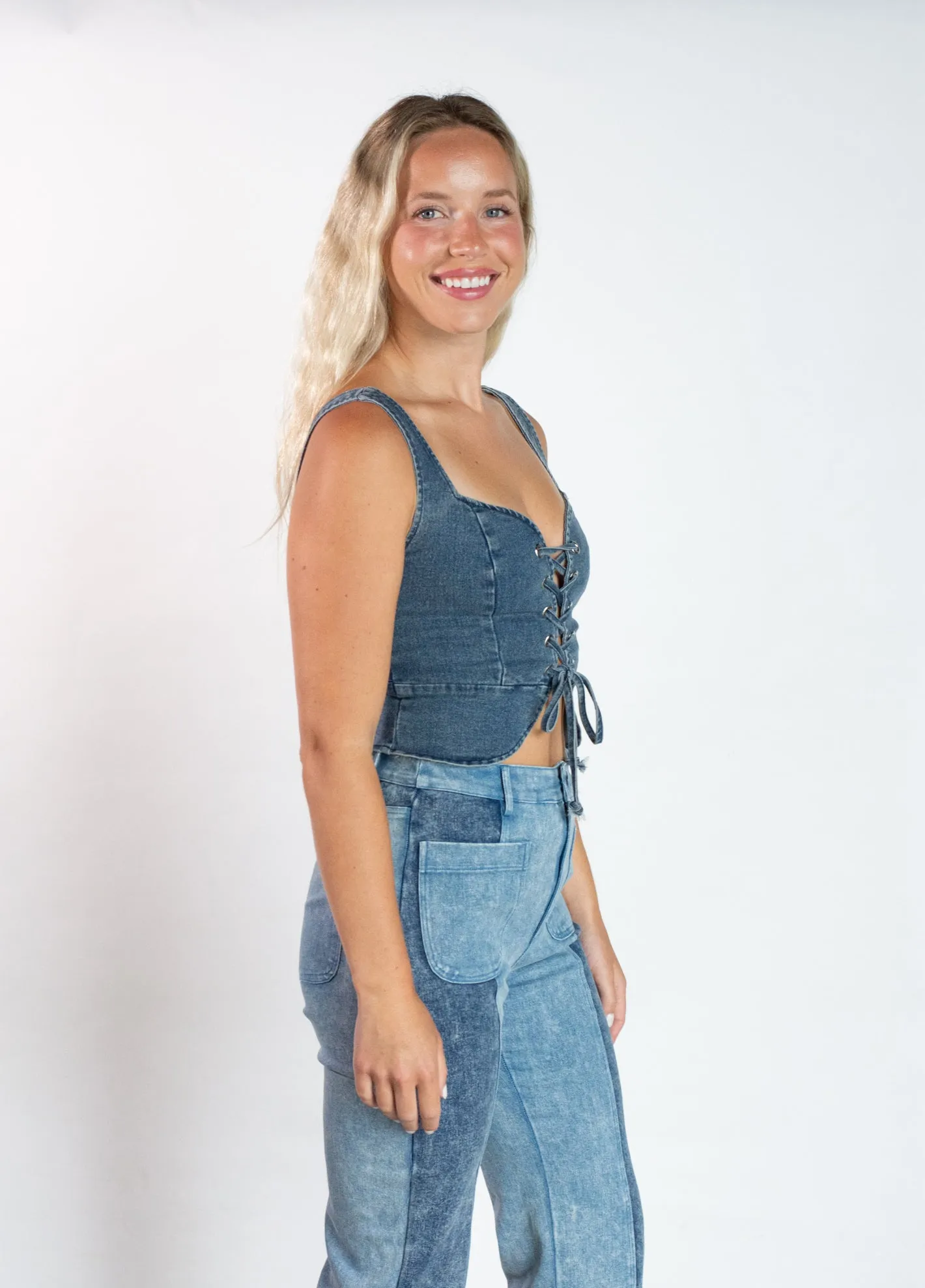 Even the Score Denim Tie Top