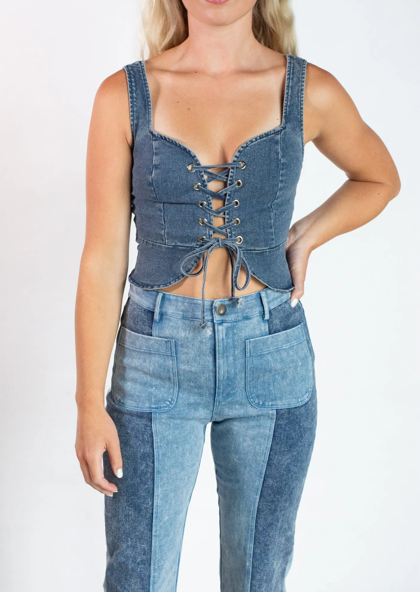 Even the Score Denim Tie Top