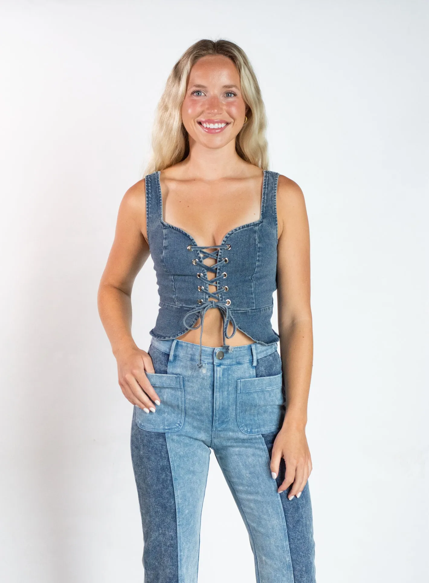 Even the Score Denim Tie Top