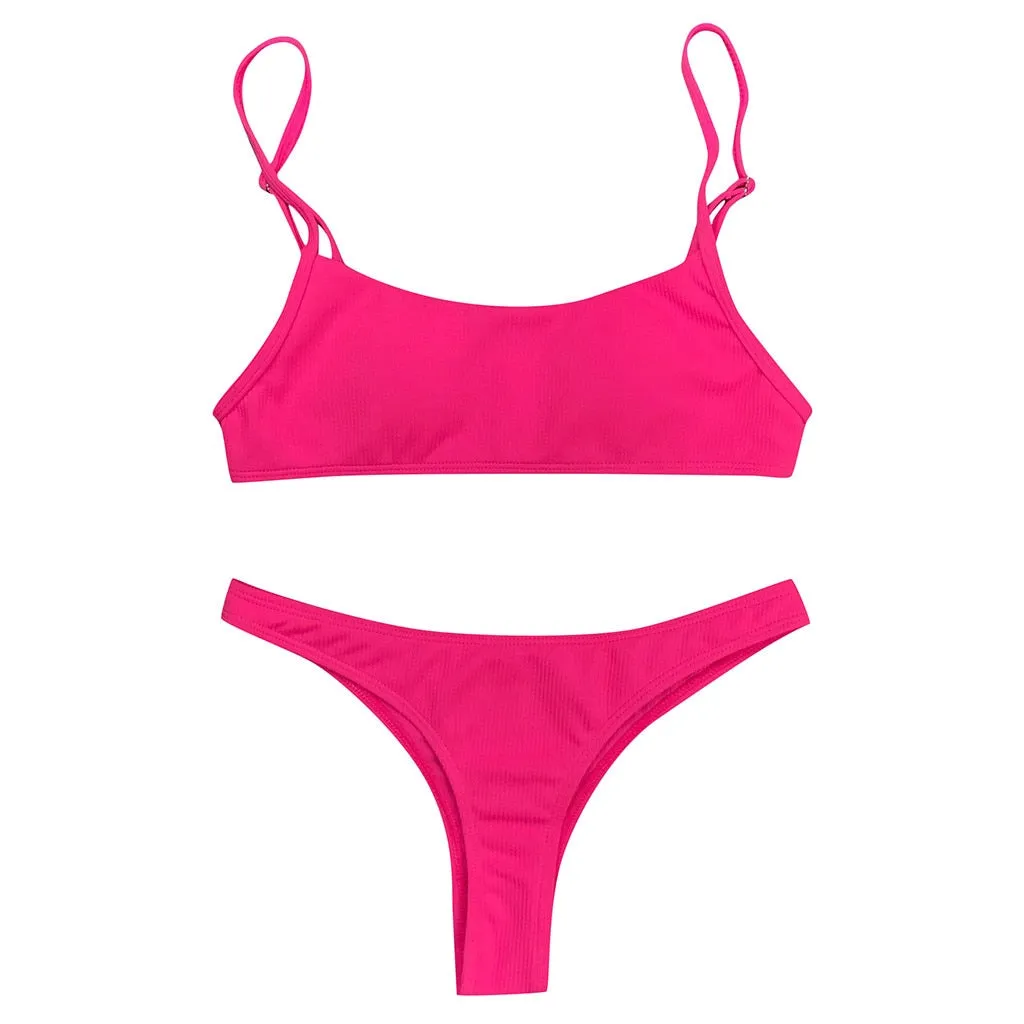 Hot Pink Ribbed Tank Bikini Set