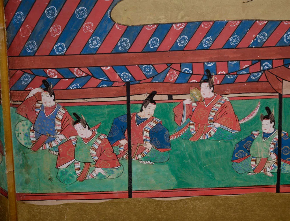 Japanese Edo Period Four Panel Screen with Eight Samurai