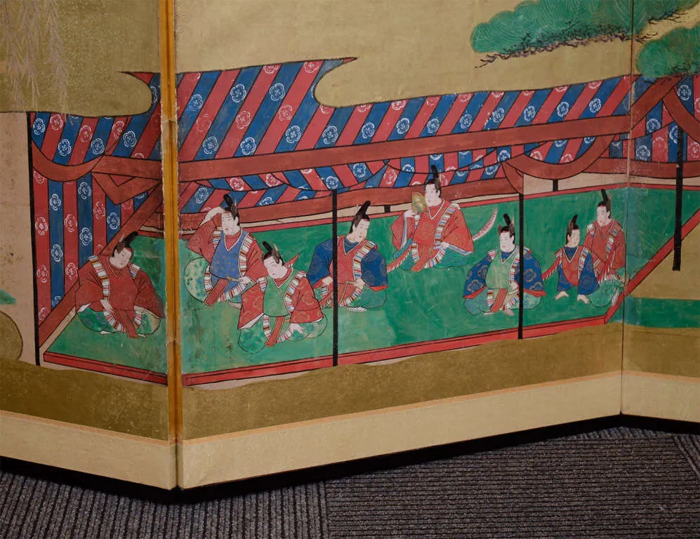 Japanese Edo Period Four Panel Screen with Eight Samurai