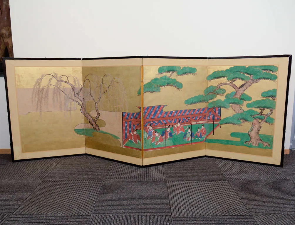 Japanese Edo Period Four Panel Screen with Eight Samurai