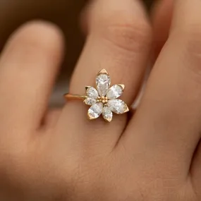 Pear Cut Flower Design Asymmetric Blossom Engagement Ring