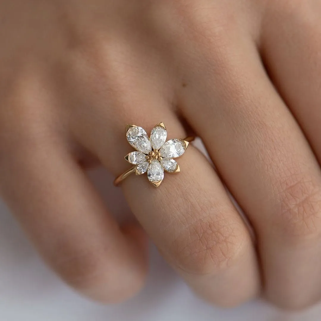 Pear Cut Flower Design Asymmetric Blossom Engagement Ring