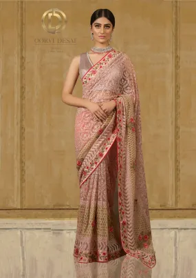 Rouge Pink Net Sari with Floral Patchwork Border