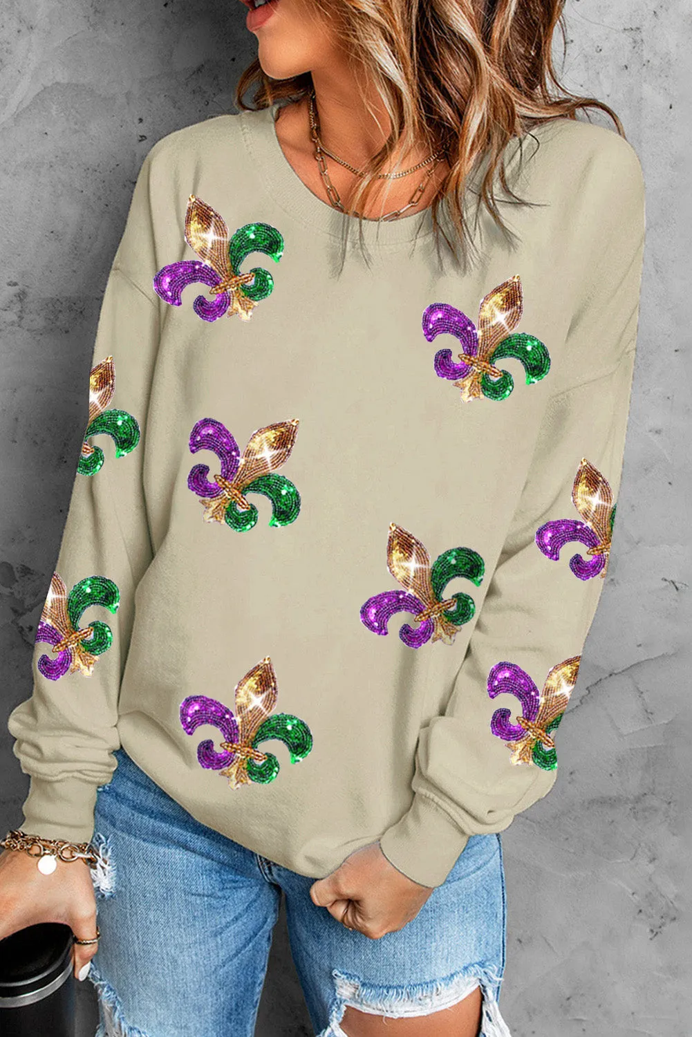 Sequin Mardi Gras Graphic Pullover Sweatshirt