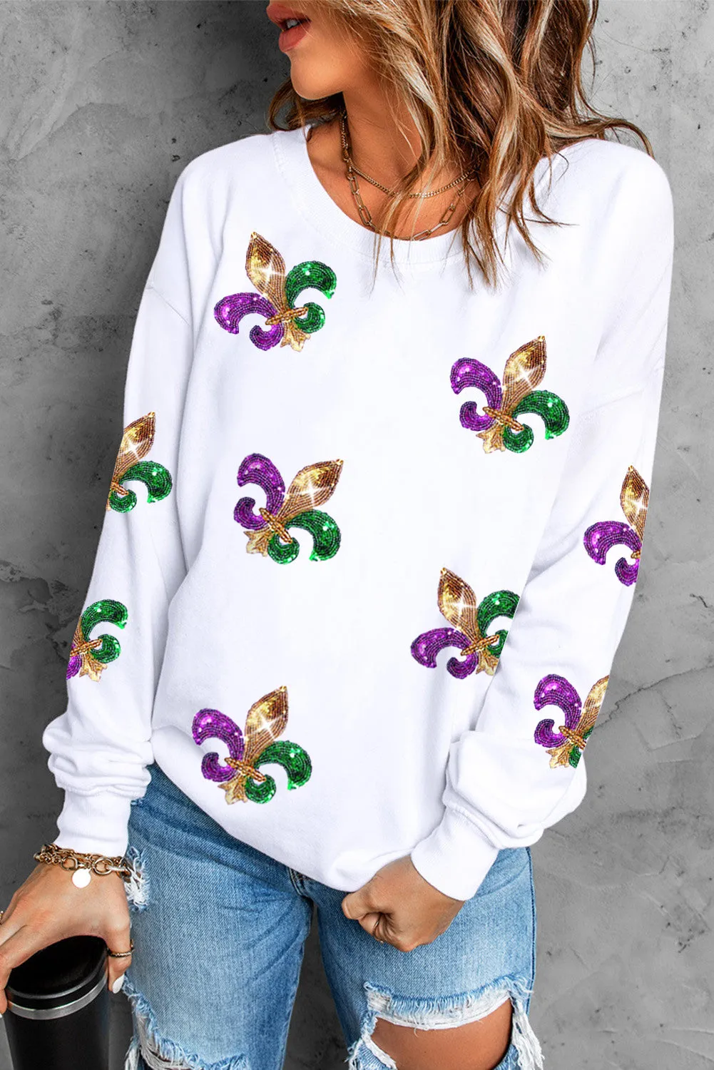 Sequin Mardi Gras Graphic Pullover Sweatshirt