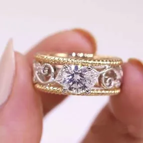 Two-tone Vintage Engraved Round Cut Engagement Ring